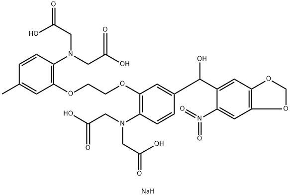 N-[2-[2-[2-[二(羧甲基)氨基]-5-[羟基(6-硝基-1,3-苯并二氧戊环-5-基)甲基]苯氧基]乙氧基]-4-甲基苯基]-N-(羧甲基)甘氨酸钠盐,208709-26-6,结构式