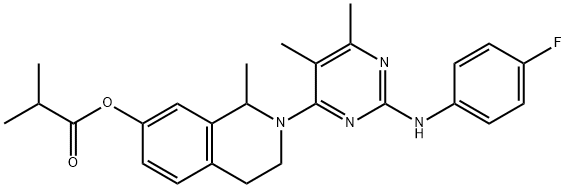 Propanoic  acid,  2-methyl-,  2-[2-[(4-fluorophenyl)amino]-5,6-dimethyl-4-pyrimidinyl]-1,2,3,4-tetrahydro-1-methyl-7-isoquinolinyl  ester Struktur