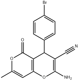 4H,5H-PYRANO[4,3-B]PYRAN-3-CARBONITRILE, 2-AMINO-4-(4-BROMOPHENYL)-7-METHYL-5-OXO- 化学構造式