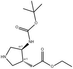 3S,4R-(4-tert-Butoxycarbonylamino-pyrrolidin-3-yl)-acetic acid ethyl ester Struktur