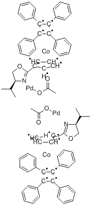 二-Μ-乙酸双[Η5-(S)-(PR)-2-(2′-(4′-甲基乙基)唑啉基)环戊二烯基,1-C,3′-N)(Η4-四苯基环丁二烯)钴]二钯 结构式