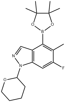 1H-Indazole, 6-fluoro-5-methyl-1-(tetrahydro-2H-pyran-2-yl)-4-(4,4,5,5-tetramethyl-1,3,2-dioxaborolan-2-yl)- Struktur