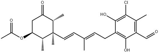3-クロロ-4,6-ジヒドロキシ-2-メチル-5-[(2E,4E)-3-メチル-5-[(1S)-5α-アセトキシ-1β,2β,6β-トリメチル-3-オキソシクロヘキシル]-2,4-ペンタジエニル]ベンズアルデヒド 化学構造式