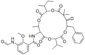 N-(15-ベンジル-10-sec-ブチル-3-イソプロピル-7,13,13-トリメチル-2,5,9,12,14-ペンタオキソ-1,4,8,11-テトラオキサシクロペンタデカ-6-イル)-3-ホルミルアミノ-2-メトキシベンズアミド 化学構造式