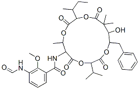 N-(15-Benzyl-10-sec-butyl-14-hydroxy-3-isopropyl-7,13,13-trimethyl-2,5,9,12-tetraoxo-1,4,8,11-tetraoxacyclopentadecan-6-yl)-3-formylamino-2-methoxybenzamide Struktur