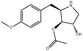 酢酸(2R)-4β-ヒドロキシ-2-(4-メトキシベンジル)ピロリジン-3α-イル 化学構造式