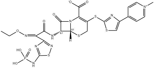 4-[2-[[(6R,7R)-2-羧基-7-[[(2Z)-(乙氧基亚氨基)[5-(膦酰氨基)-1,2,4-噻二唑-3-基]乙酰基]氨基]-8-氧代-5-硫杂-1-氮杂双环[4.2.0]辛-2-烯-3-基]硫基]-4-噻唑基]-1-甲基吡啶内盐, 229016-73-3, 结构式