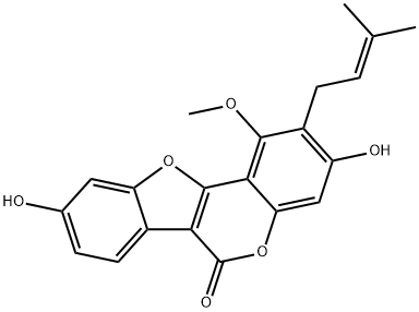 3,9-ジヒドロキシ-1-メトキシ-2-(3-メチル-2-ブテニル)-6H-ベンゾフロ[3,2-c][1]ベンゾピラン-6-オン 化学構造式