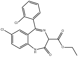 7-クロロ-5-(o-クロロフェニル)-2,3-ジヒドロ-2-オキソ-1H-1,4-ベンゾジアゼピン-3-カルボン酸エチル 化学構造式