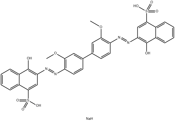 3,3'-[(3,3'-ジメトキシ[1,1'-ビフェニル]-4,4'-ジイル)ビス(アゾ)]ビス[4-ヒドロキシ-1-ナフタレンスルホン酸ナトリウム] 化学構造式