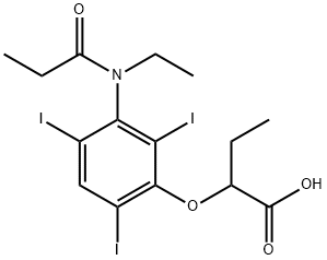 2-[3-(N-エチルプロピオニルアミノ)-2,4,6-トリヨードフェノキシ]酪酸 化学構造式