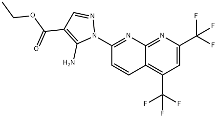 1H-Pyrazole-4-carboxylicacid,5-amino-1-[5,7-bis(trifluoromethyl)-1,8-naphthyridin-2-yl]-,ethylester(9CI) Struktur