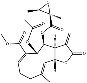 5-アセトキシ-4-[[(2,3-ジメチルオキシラン-2-イル)カルボニル]オキシ]-2,3,3a,4,5,8,9,11a-オクタヒドロ-10-メチル-3-メチレン-2-オキソシクロデカ[b]フラン-6-カルボン酸メチル 化学構造式