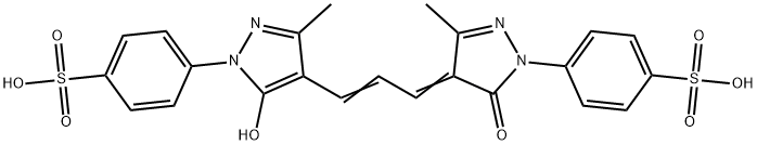 4-[[4,5-ジヒドロ-3-メチル-5-オキソ-4-[3-[[5-ヒドロキシ-3-メチル-1-(4-スルホフェニル)-1H-ピラゾール]-4-イル]-2-プロペン-1-イリデン]-1H-ピラゾール]-1-イル]ベンゼンスルホン酸 化学構造式