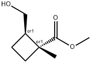 Cyclobutanecarboxylic acid, 2-(hydroxymethyl)-1-methyl-, methyl ester, Struktur