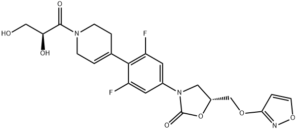 (5R)-3-[3,5-ジフルオロ-4-[1-[(S)-2,3-ジヒドロキシプロピオニル]-1,2,3,6-テトラヒドロピリジン-4-イル]フェニル]-5-(3-イソオキサゾリルオキシメチル)オキサゾリジン-2-オン 化学構造式