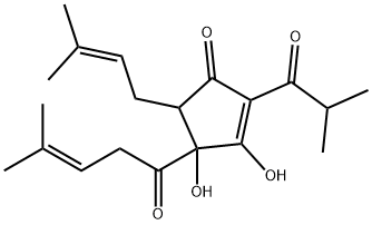 3,4-dihydroxy-5-(3-methylbut-2-enyl)-4-(4-methyl-1-oxopent-3-enyl)-2-(2-methyl-1-oxopropyl)cyclopent-2-en-1-one 结构式