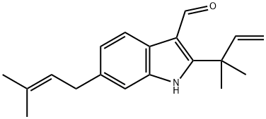 2-(1,1-ジメチル-2-プロペニル)-6-(3-メチル-2-ブテニル)-1H-インドール-3-カルボアルデヒド 化学構造式