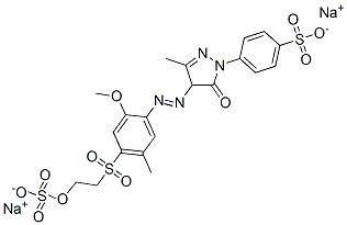 disodium p-[4,5-dihydro-4-[[2-methoxy-5-methyl-4-[[2-(sulphonatooxy)ethyl]sulphonyl]phenyl]azo]-3-methyl-5-oxo-1H-pyrazol-1-yl]benzenesulphonate Struktur