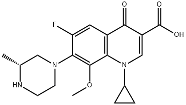3-Quinolinecarboxylic acid, 1-cyclopropyl-6-fluoro-1,4-dihydro-8-Methoxy-7-[(3R)-3-Methyl-1-piperazinyl]-4-oxo- 化学構造式