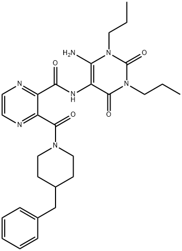 Pyrazinecarboxamide,  N-(6-amino-1,2,3,4-tetrahydro-2,4-dioxo-1,3-dipropyl-5-pyrimidinyl)-3-[[4-(phenylmethyl)-1-piperidinyl]carbonyl]-  (9CI) Struktur