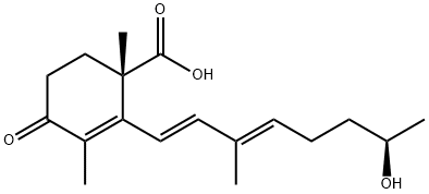 (S)-2-[(R,1E,3E)-7-ヒドロキシ-3-メチル-1,3-オクタジエニル]-1,3-ジメチル-4-オキソ-2-シクロヘキセン-1-カルボン酸 化学構造式