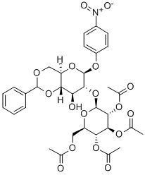 4-Nitrophenyl2-O-(2,3,4,6-tetra-O-acetyl-b-D-glucopyranosyl)-4,6-O-benzylidene-b-D-glucopyranoside Struktur