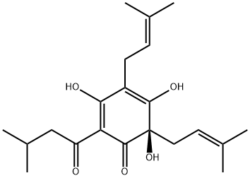 (R)-3,5,6-トリヒドロキシ-4,6-ビス(3-メチル-2-ブテニル)-2-(3-メチル-1-オキソブチル)-2,4-シクロヘキサジエン-1-オン 化学構造式