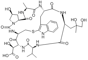 シクロ[L-Ala-L-Trp2(1)-4,5-ジヒドロキシ-L-Leu-L-Val-[(3S)-3-ヒドロキシ-D-Asp-]-L-Cys(1)-L-c4Hyp-] 化学構造式