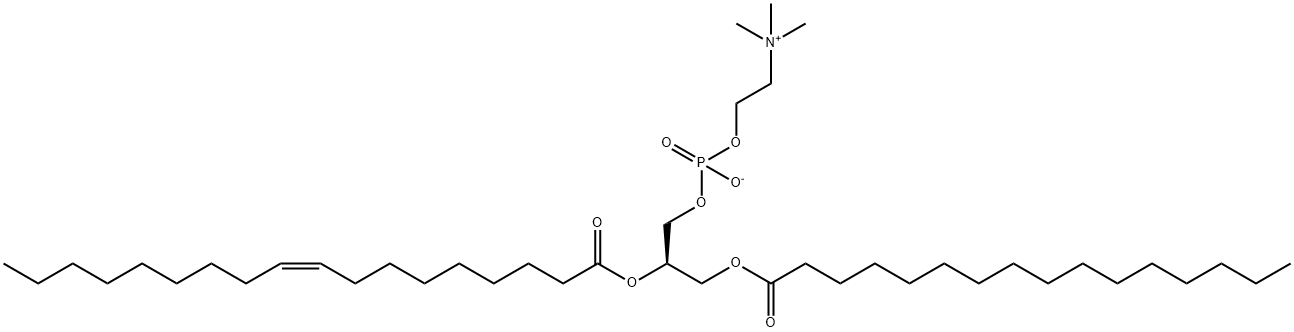 [O-[1-O-ヘキサデカノイル-2-O-[(Z)-9-オクタデセノイル]-L-グリセロ-3-ホスホ]コリン]アニオン 化学構造式