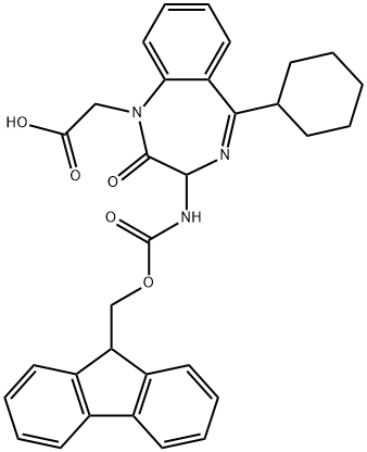1H-1,4-ベンゾジアゼピン-1-酢酸, 5-シクロヘキシル-3-[[(9H-フルオレン-9-イルメトキシ)カルボニル]アミノ]-2,3-ジヒドロ-2-オキソ- 化学構造式
