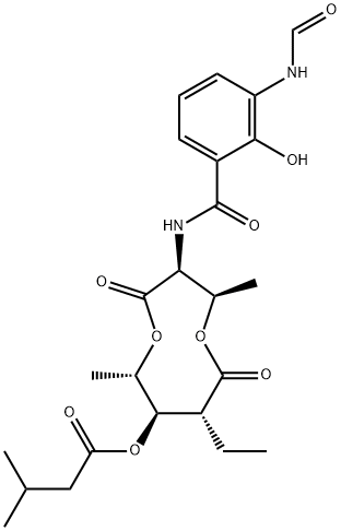 8-ethyl-3-(3-formamidosalicylamido)-2,6-dimethyl-4,9-dioxo-1,5-dioxonan-7-yl isovalerate Struktur