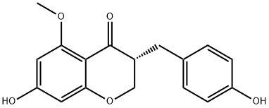 (-)-2,3-ジヒドロ-7-ヒドロキシ-3-[(4-ヒドロキシフェニル)メチル]-5-メトキシ-4H-1-ベンゾピラン-4-オン 化学構造式
