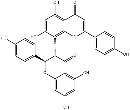(2S,3R)-2,3-ジヒドロ-5,5',7,7'-テトラヒドロキシ-2α,2'-ビス(4-ヒドロキシフェニル)-3,8'-ビ(4H-1-ベンゾピラン)-4,4'-ジオン 化学構造式
