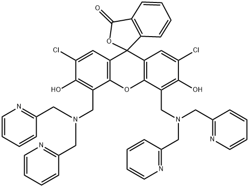 9-(2-羧基苯基)-2,7-二氯-4,5-双[二(2-吡啶基)氨基甲基]-6-羟基-3-黄原酮,288574-78-7,结构式
