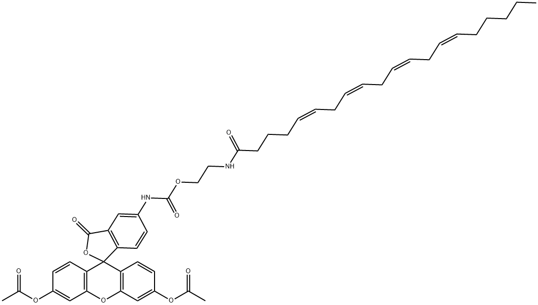 N-[3,6-ジアセトキシ-3′-オキソスピロ[9H-キサンテン-9,1′(3′H)-イソベンゾフラン]-5′-イル]カルバミド酸2-[[(5Z,8Z,11Z,14Z)-1-オキソ-5,8,11,14-イコサテトラエニル]アミノ]エチル 化学構造式