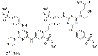 4,4'-ビス[[4-[(2-カルバモイルエチル)(2-ヒドロキシエチル)アミノ]-6-(p-ソジオオキシスルホニルアニリノ)-1,3,5-トリアジン-2-イル]アミノ]-2,2'-スチルベンジスルホン酸ジナトリウム 化学構造式