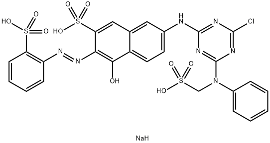 trisodium 7-[[4-chloro-6-[N-(sulphonatomethyl)anilino]-1,3,5-triazin-2-yl]amino]-4-hydroxy-3-[(o-sulphonatophenyl)azo]naphthalene-2-sulphonate  Struktur