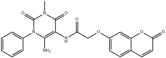 Acetamide,  N-(6-amino-1,2,3,4-tetrahydro-3-methyl-2,4-dioxo-1-phenyl-5-pyrimidinyl)-2-[(2-oxo-2H-1-benzopyran-7-yl)oxy]- Struktur