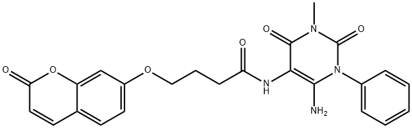 Butanamide,  N-(6-amino-1,2,3,4-tetrahydro-3-methyl-2,4-dioxo-1-phenyl-5-pyrimidinyl)-4-[(2-oxo-2H-1-benzopyran-7-yl)oxy]- Structure