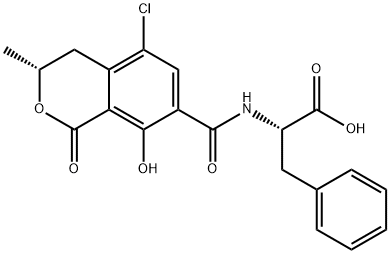 N-[[(3R)-1-オキソ-3-メチル-5-クロロ-8-ヒドロキシ-3,4-ジヒドロ-1H-2-ベンゾピラン-7-イル]カルボニル]-L-フェニルアラニン 化学構造式