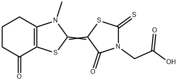 4-oxo-5-(4,5,6,7-tetrahydro-3-methyl-7-oxobenzothiazol-2(3H)-ylidene)-2-thioxothiazolidin-3-acetic acid Struktur