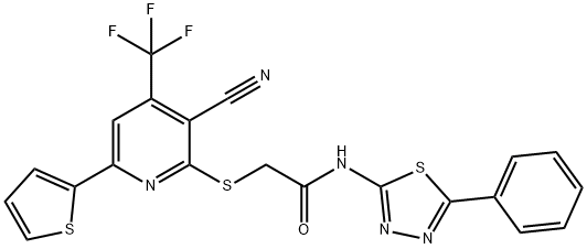 2-{[3-cyano-6-(2-thienyl)-4-(trifluoromethyl)-2-pyridinyl]sulfanyl}-N-(5-phenyl-1,3,4-thiadiazol-2-yl)acetamide 化学構造式