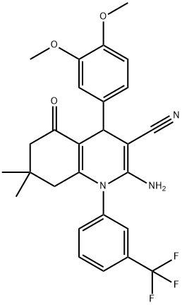 2-amino-4-(3,4-dimethoxyphenyl)-7,7-dimethyl-5-oxo-1-[3-(trifluoromethyl)phenyl]-1,4,5,6,7,8-hexahydro-3-quinolinecarbonitrile Struktur