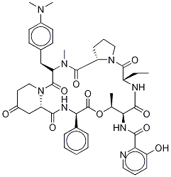 N-[(3-ヒドロキシ-2-ピリジル)カルボニル]シクロ(L-Thr*-D-Abu-L-Pro-N-メチル-4-(ジメチルアミノ)-L-Phe-4-オキソ-L-2-ピペリジンカルボニル-L-フェニルGly-) 化学構造式