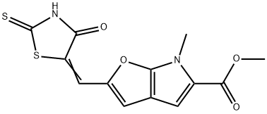 6H-Furo[2,3-b]pyrrole-5-carboxylic  acid,  6-methyl-2-[(4-oxo-2-thioxo-5-thiazolidinylidene)methyl]-,  methyl  ester Structure