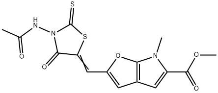 6H-Furo[2,3-b]pyrrole-5-carboxylic  acid,  2-[[3-(acetylamino)-4-oxo-2-thioxo-5-thiazolidinylidene]methyl]-6-methyl-,  methyl  ester Structure
