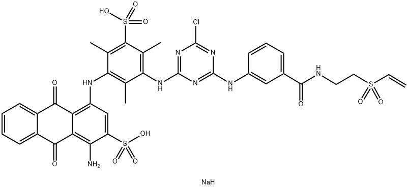 2-Anthracenesulfonic acid, 1-amino-4-[[3-[[4-chloro-6-[[3-[[[2-(ethenylsulfonyl)ethyl]amino]carbonyl]phenyl]amino]-1,3,5-triazin-2-yl]amino]-2,4,6-trimethyl-5-sulfophenyl]amino]-9,10-dihydro-9,10-dioxo-, disodium salt,323195-50-2,结构式