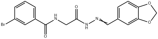 N-{2-[2-(1,3-benzodioxol-5-ylmethylene)hydrazino]-2-oxoethyl}-3-bromobenzamide 化学構造式