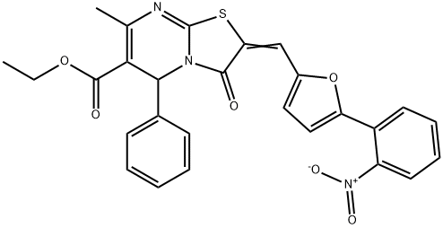 ETHYL (2E)-7-METHYL-2-{[5-(2-NITROPHENYL)-2-FURYL]METHYLENE}-3-OXO-5-PHENYL-2,3-DIHYDRO-5H-[1,3]THIAZOLO[3,2-A]PYRIMIDINE-6-CARBOXYLATE, 324566-54-3, 结构式